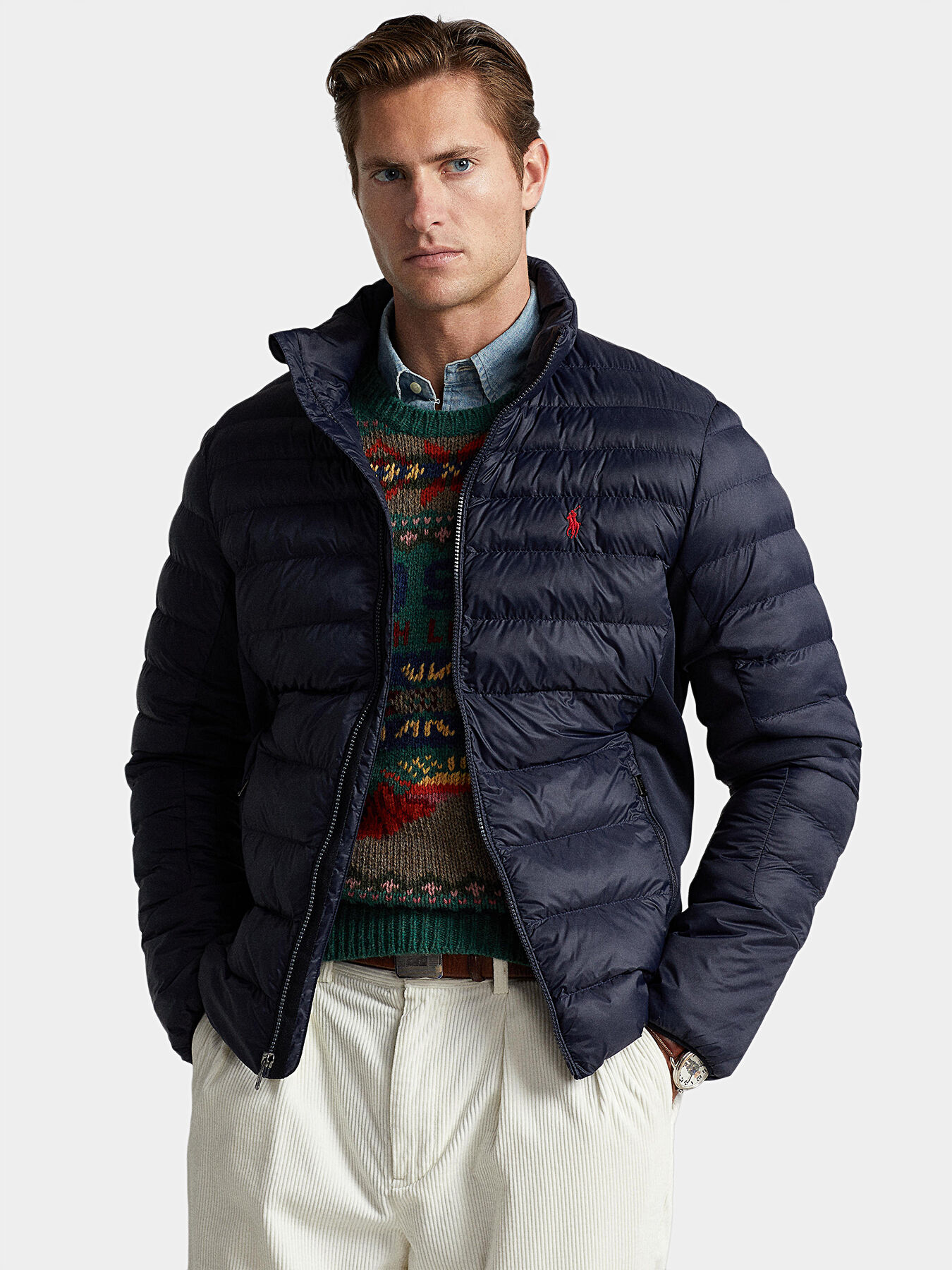Blue packable bomber jacket brand POLO RALPH LAUREN