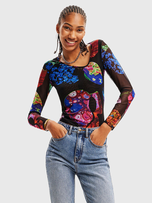 Tulle blouse with asymmetric neckline