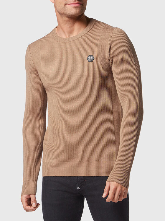 Beige sweater with oval neckline  - 1