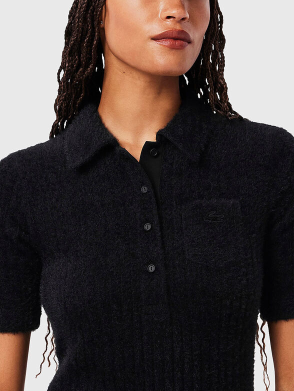 Fuzzy ribbed knit polo collar dress - 3