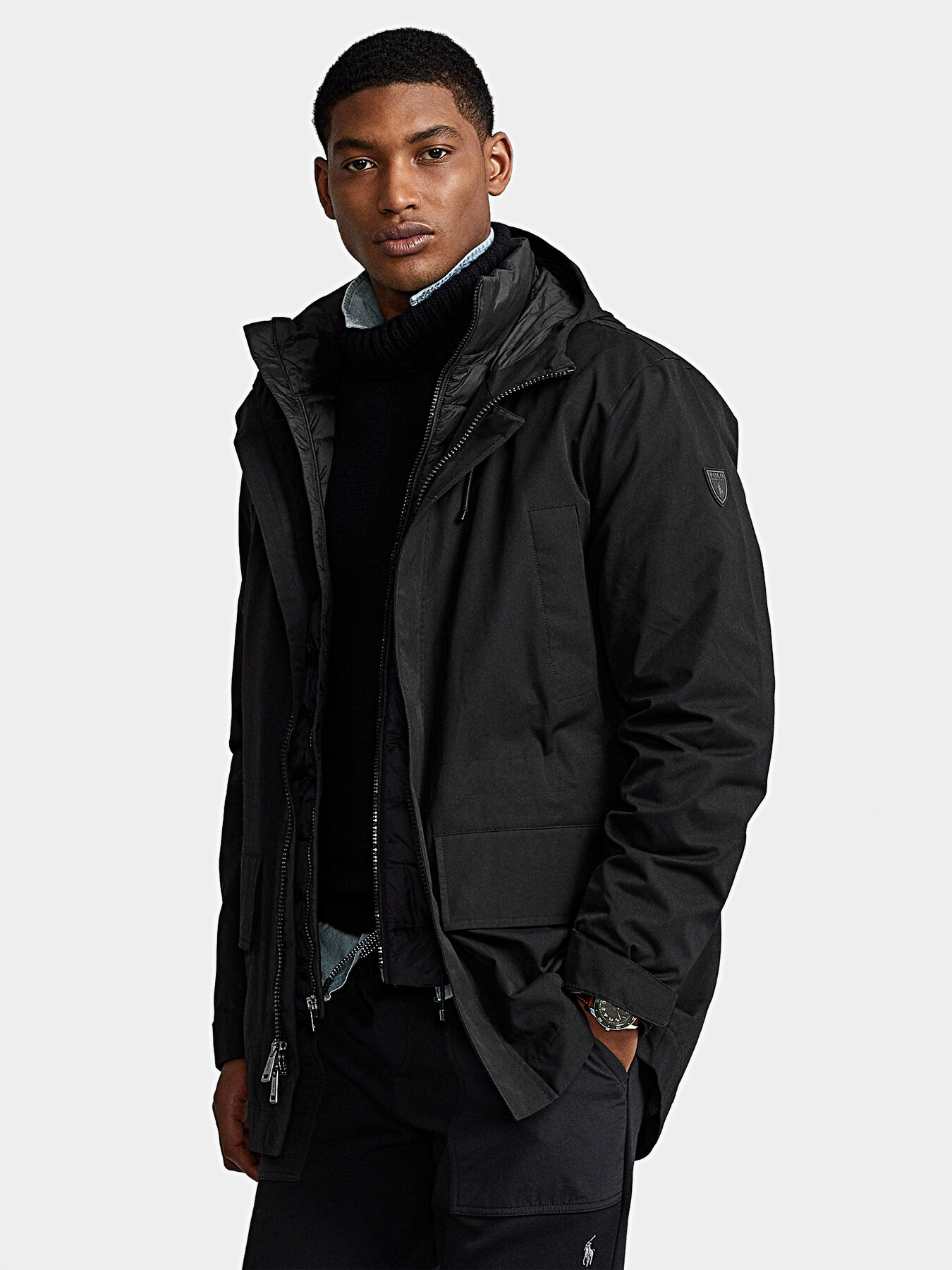Black jacket with hood and quilted liner brand POLO RALPH