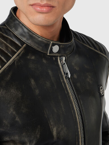 Leather jacket with low collar and logo accent - 5