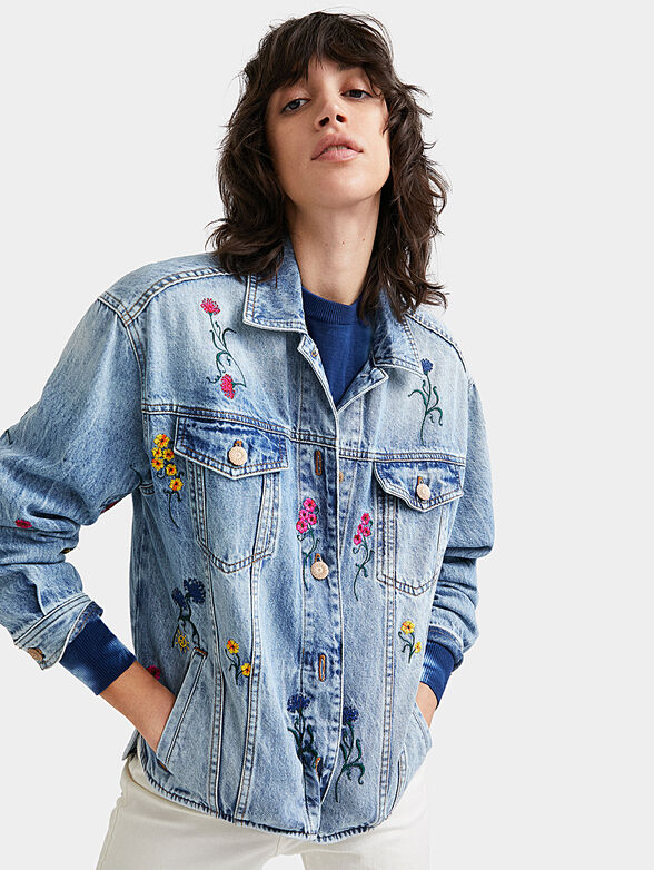 Asymmetrical denim jacket with floral details - 5