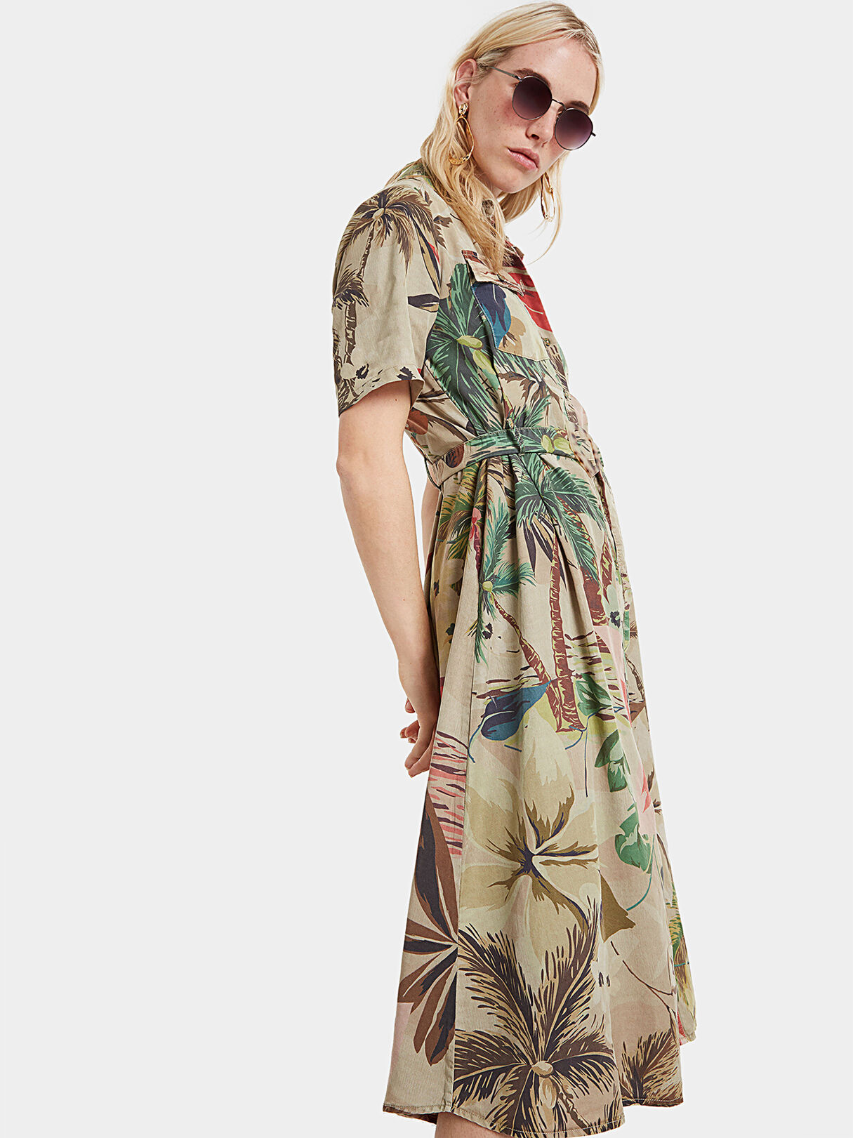Blue midi dress with tropical print brand DESIGUAL Globalbrandsstore en