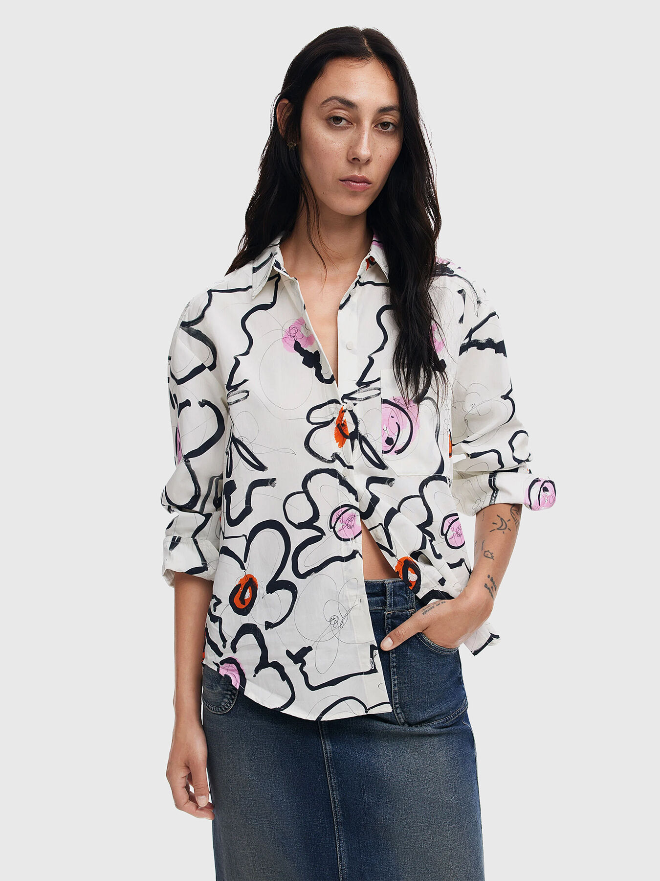 Desigual 24年製 プリーツ加工 水彩柄 薄手ジャケット シャツ PK系 Desigual 24年製 プリーツ加工 水彩柄 薄手ジャケット シャツ PK系