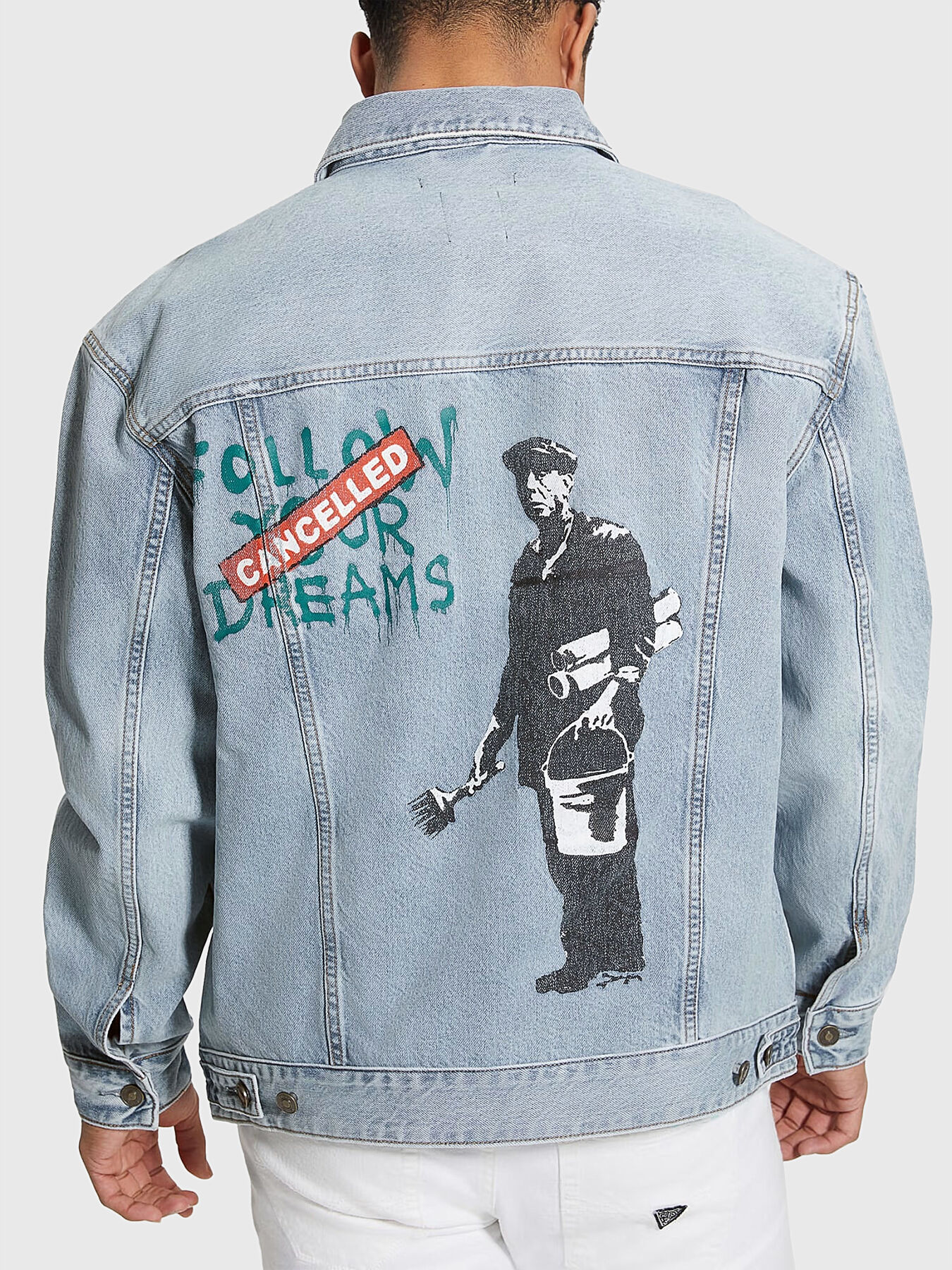 Blue oversized denim jacket with print brand GUESS