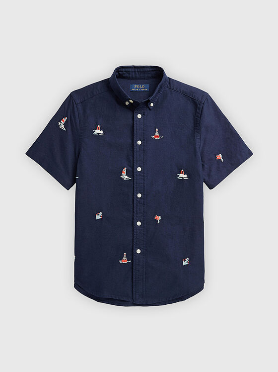 Синя риза с къс ръкав и контрастна бродерия - 1