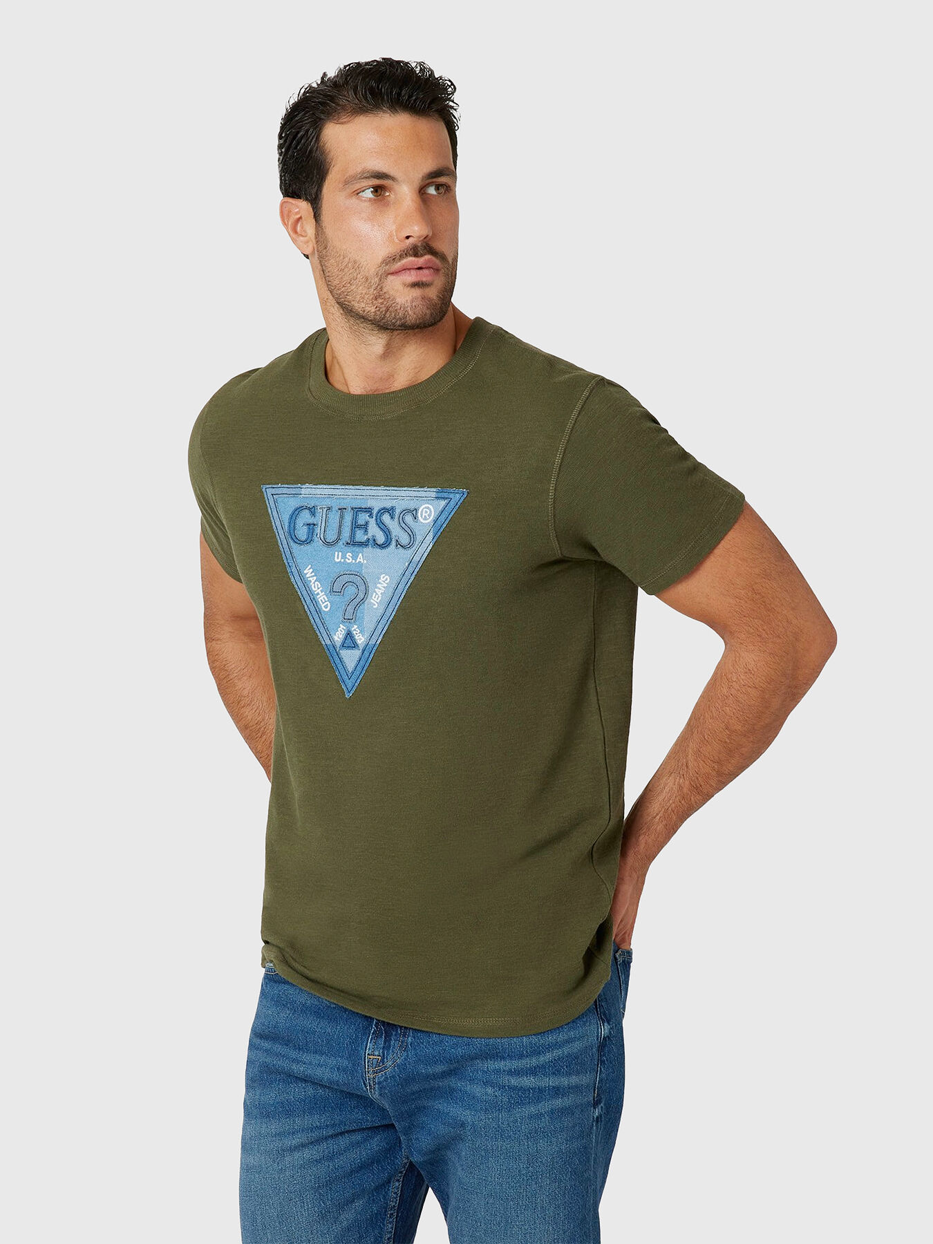 T shirt with denim logo accent brand GUESS Globalbrandsstore en