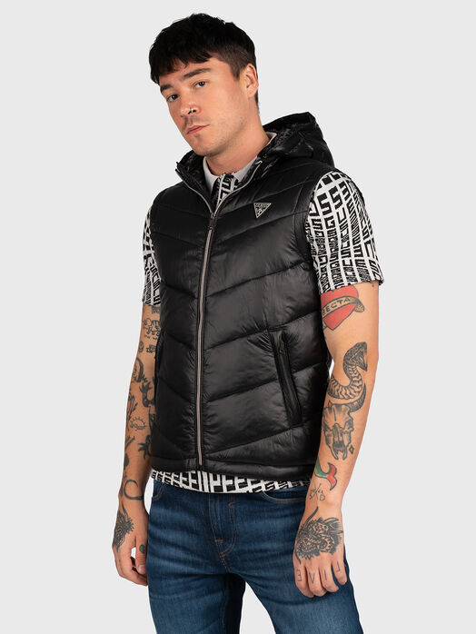 Black padded vest with hood and logo patch
