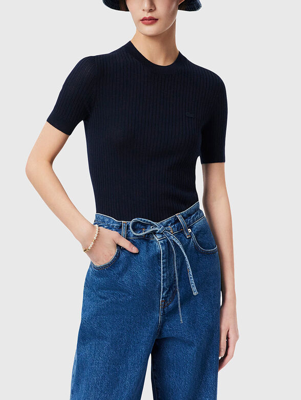 Short sleeved merino wool rib knit sweater - 1