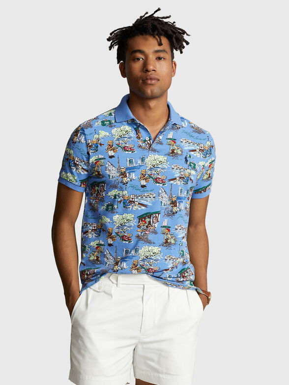 Blue polo shirt with multicolour print - 1