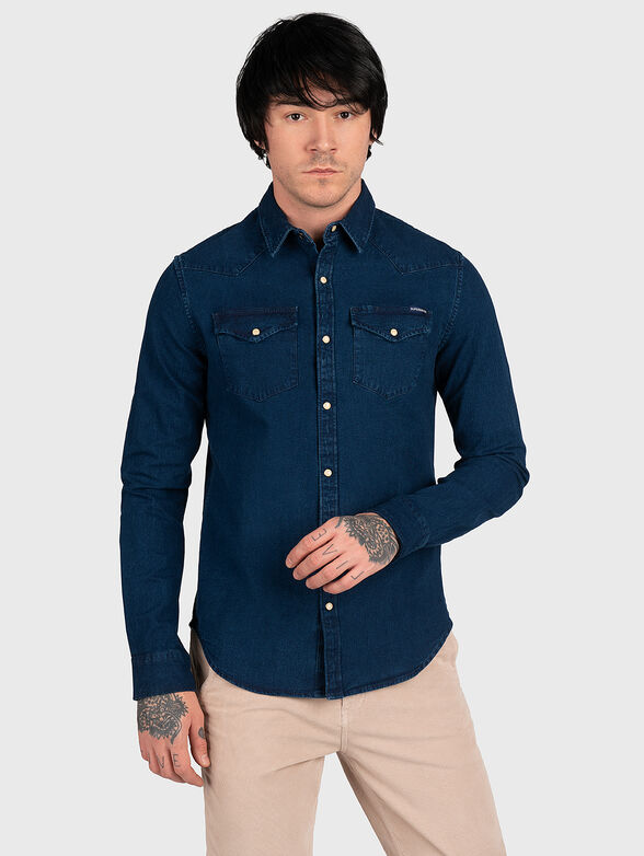 Dark blue cotton blend denim shirt - 1