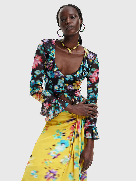 LAURA blouse with accent sleeves and print - 1