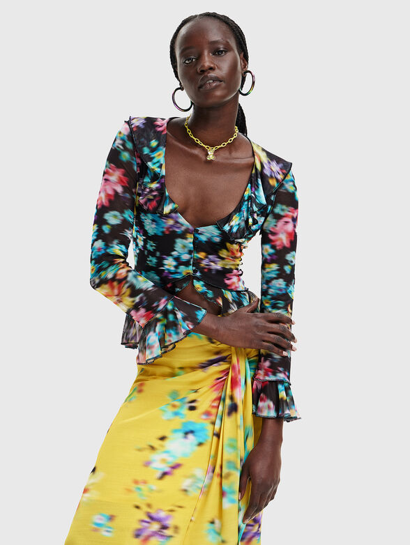 LAURA blouse with accent sleeves and print - 1