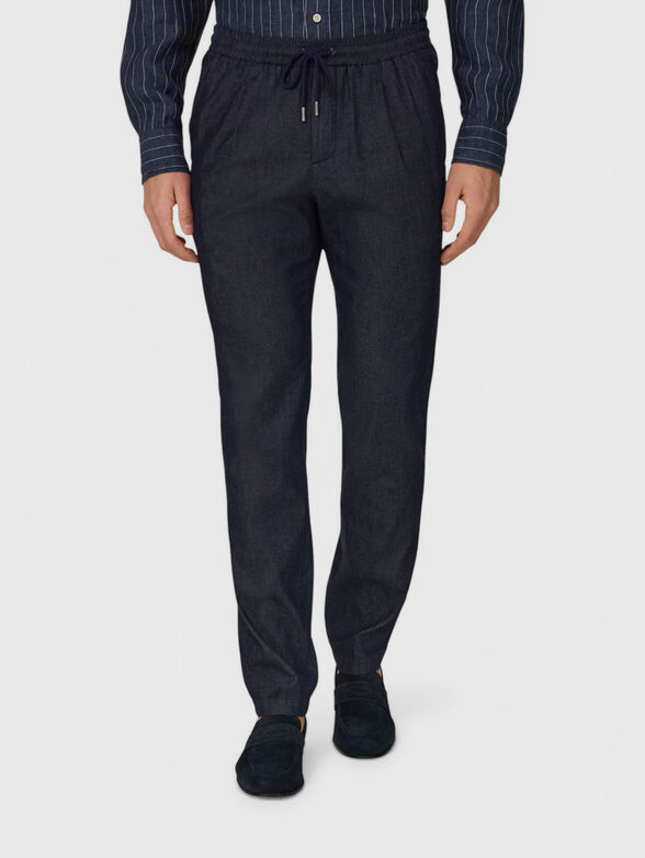 Dark blue trousers with ties at the waist - 1