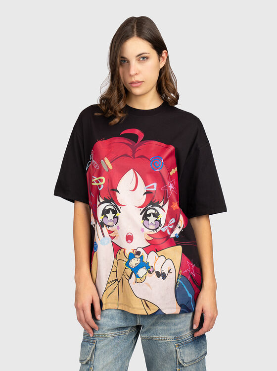 Памучна оувърсайз тениска с принт - 1