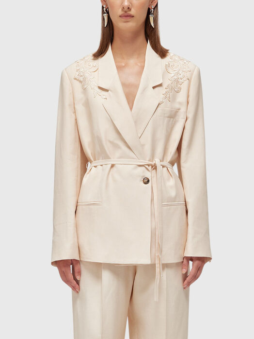 Oversized linen blend blazer with embroidery