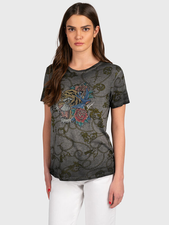 T-shirt with rhinestone tiger applique - 1