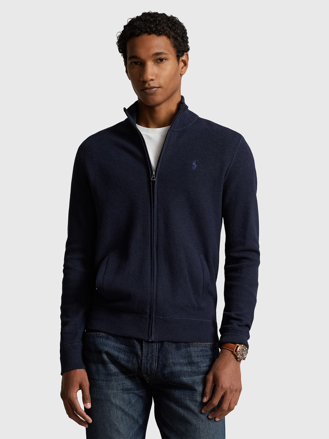Dark blue cotton cardigan with zip brand POLO RALPH LAUREN Globalbrandsstore en