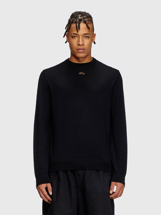 Вълнен пуловер с овално деколте и лого детайл - 1