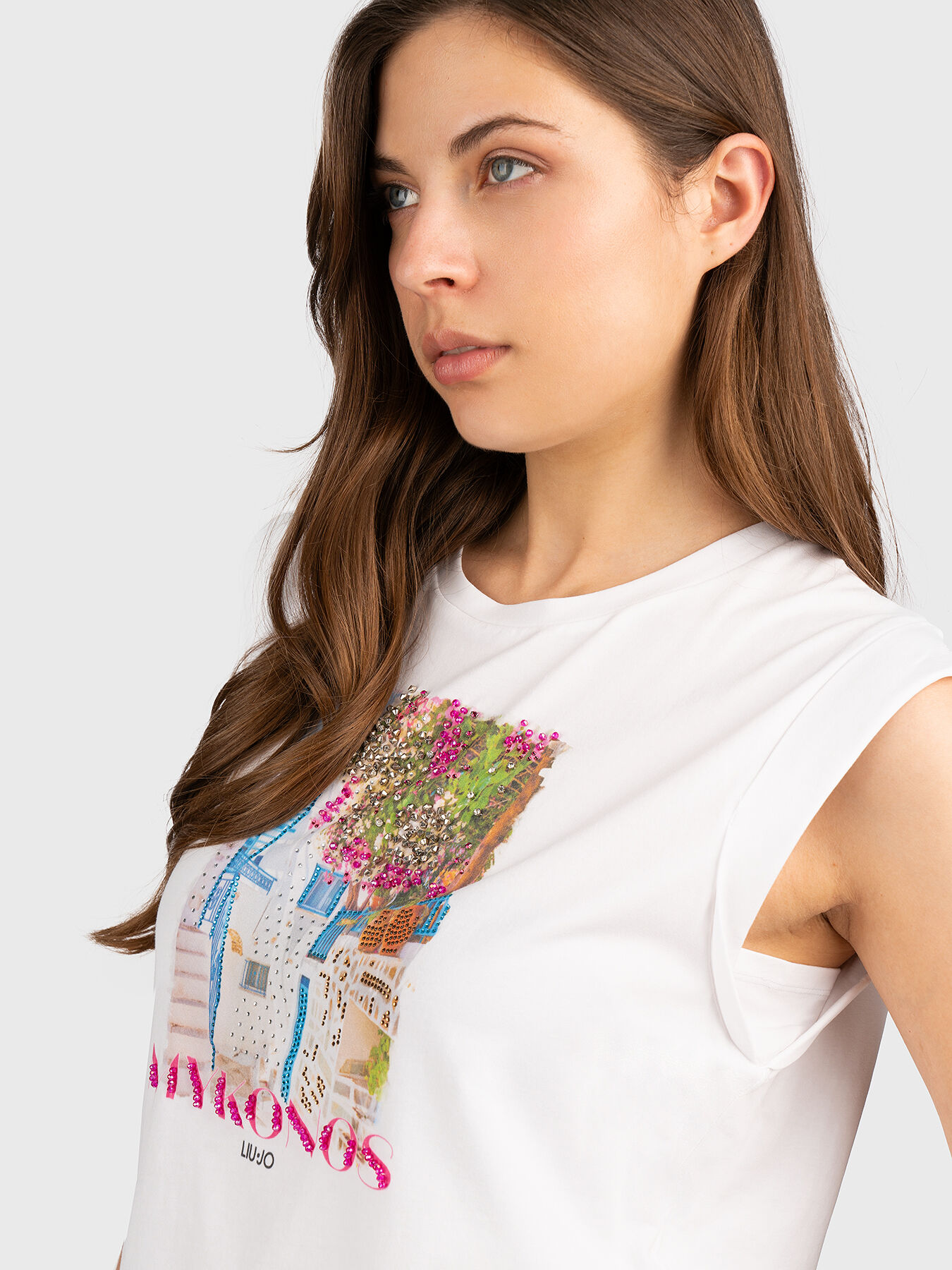 Tシャツ・カットソー LIU JO Woman T-Shirt Multicolor WA5475MA24O M9592 T-shirt with golden print brand LIU JO — Globalbrandsstore
