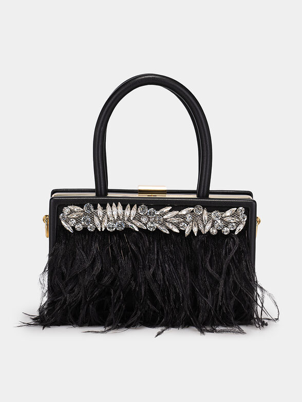 Black clutch with appliqué gemstones and feathers - 1