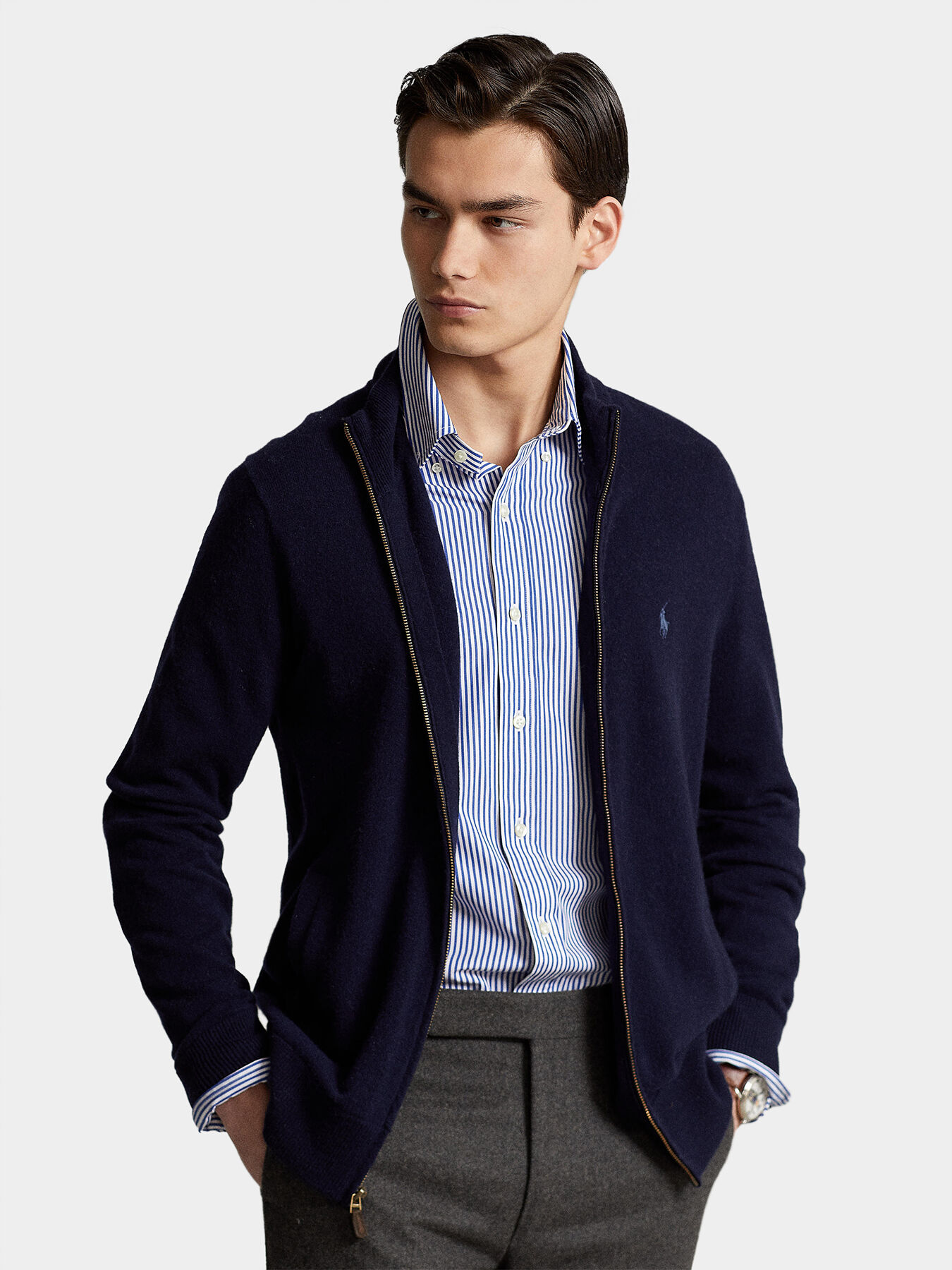 Blue wool cardigan with zip brand POLO RALPH LAUREN Globalbrandsstore en