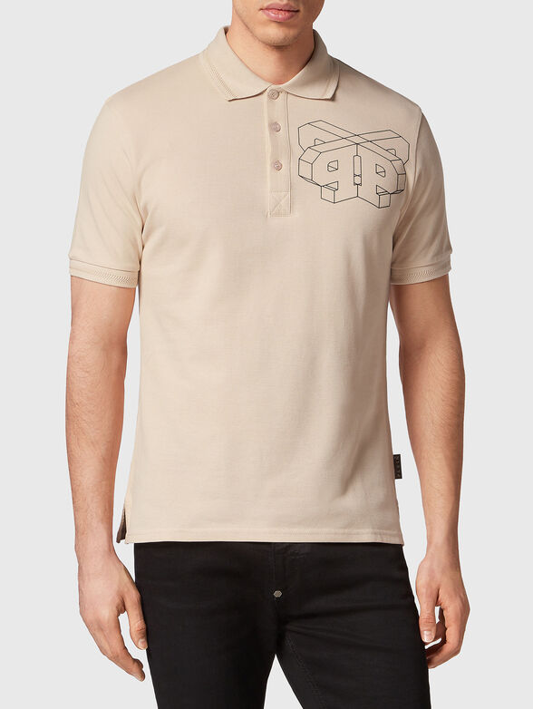 Beige cotton polo shirt with contrasting print - 1