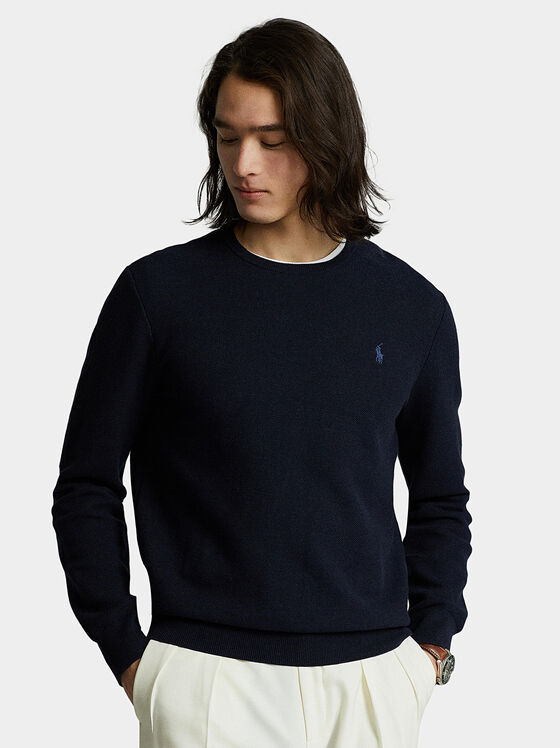 Памучен пуловер в тъмносин цвят с лого - 1