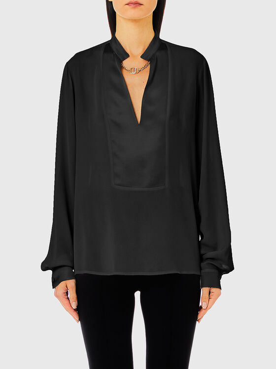 Блуза с V-образно деколте и лого акцент - 1