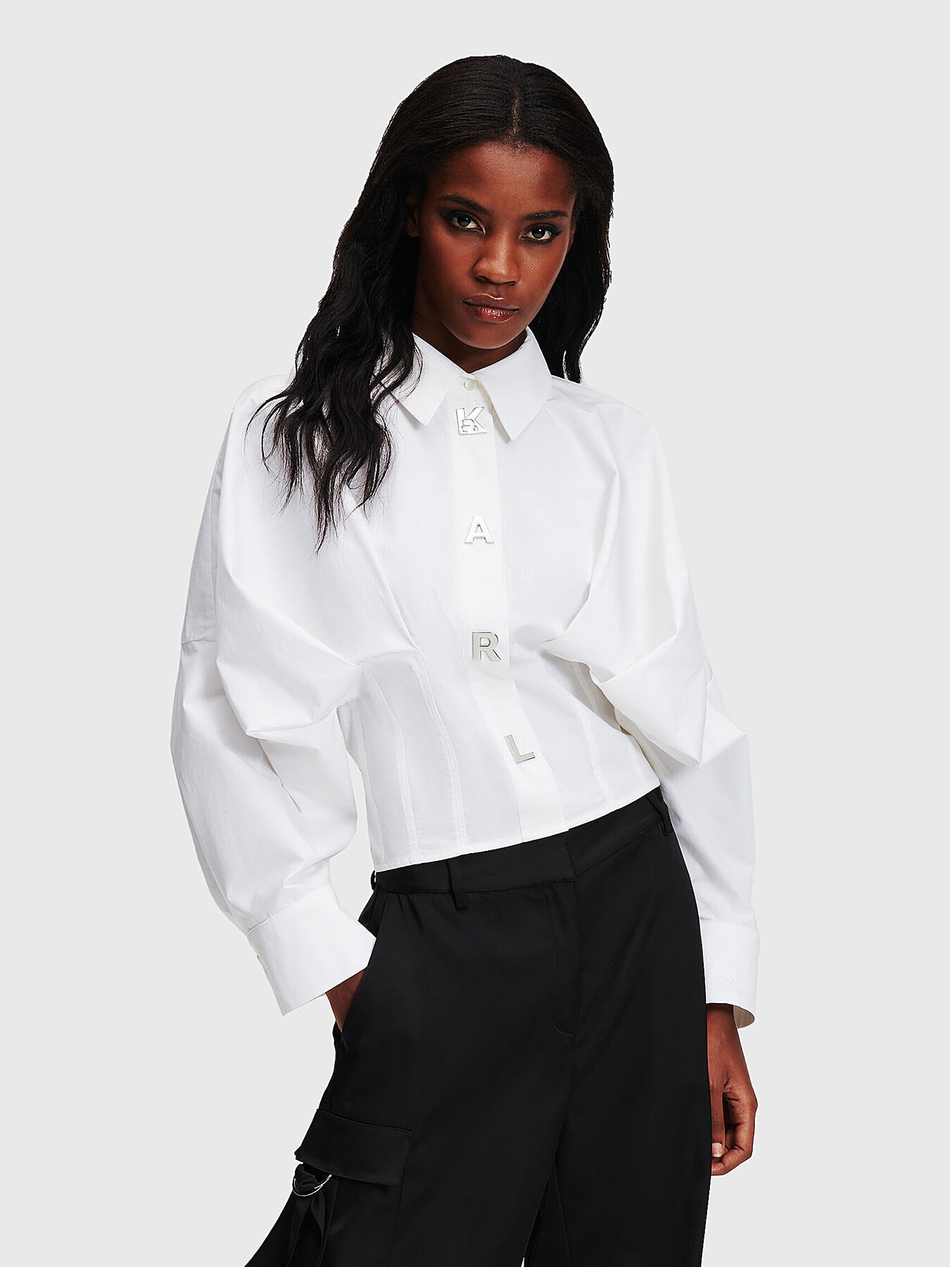 Black organic cotton shirt with puff sleeves brand Karl