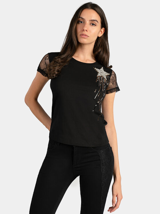 Black cotton t-shirt with lace - 1