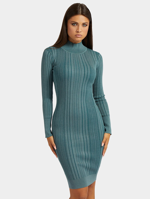 Blue knitted dress with polo collar - 1