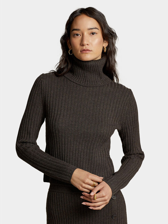Cropped wool sweater in dark brown color - 1