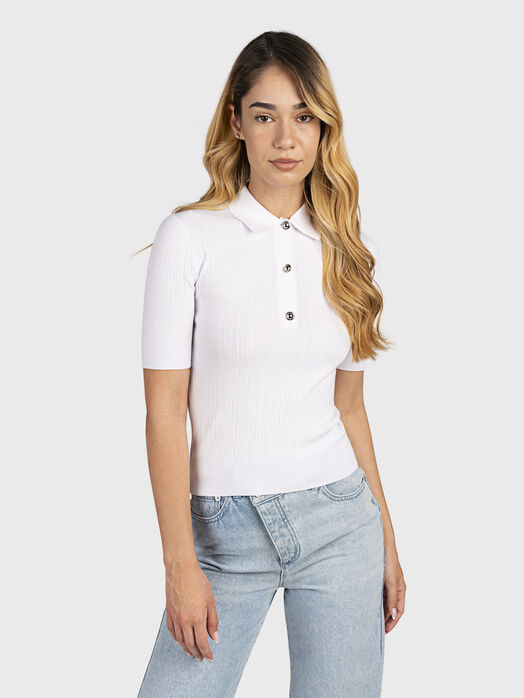 White polo shirt with silver buttons
