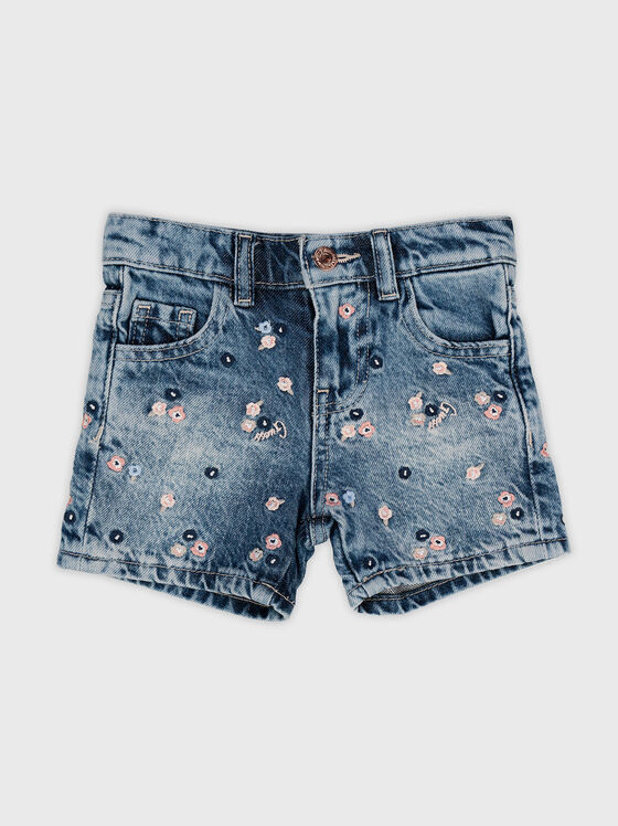 Къси дънкови панталони с флорални бродерии - 1