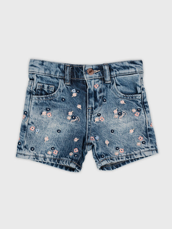 Short denim pants with floral embroidery - 1