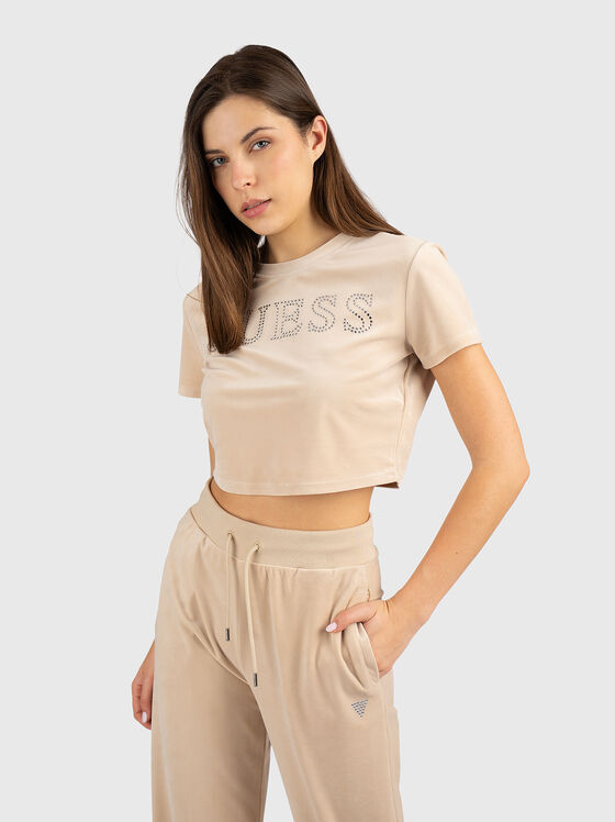 Скъсена тениска с лого от апликирани кристали - 1