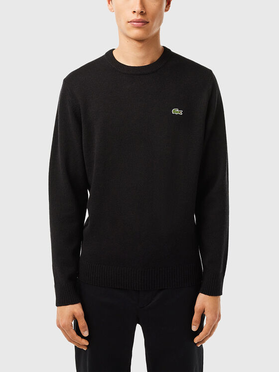 Черен вълнен пуловер с лого детайл - 1