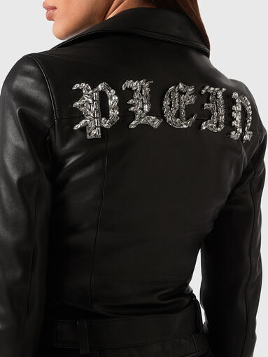 Leather biker jacket with accent logo on the back - 3