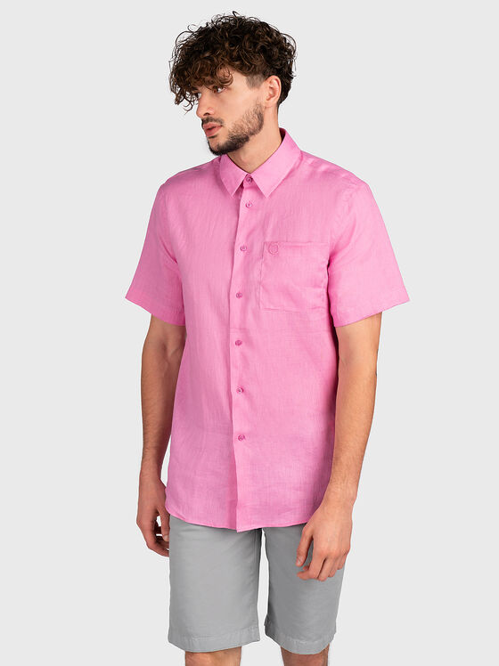 Ленена риза с къс ръкав в цикламен цвят - 1