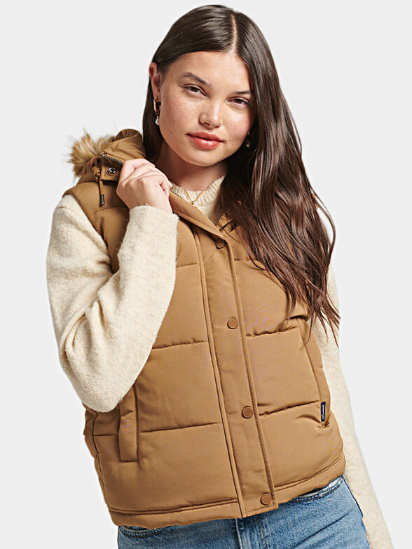 Padded gilet in beige color with hood - 1