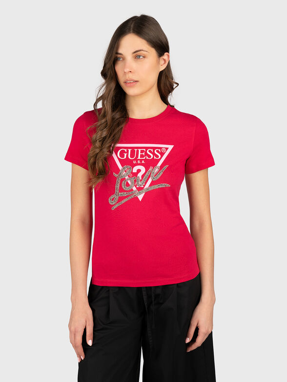 Cotton T-shirt with logo print and rhinestones - 1