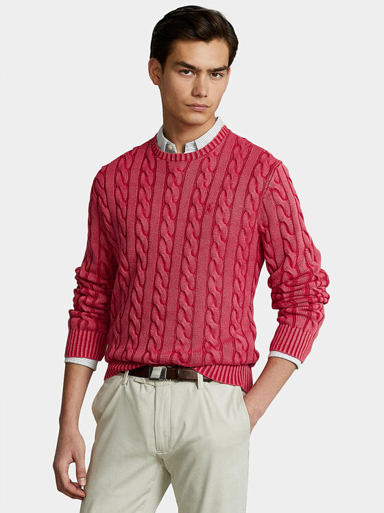 Червен плетен пуловер от памук - 1
