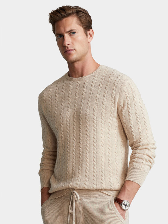 Beige sweater with oval neckline - 1