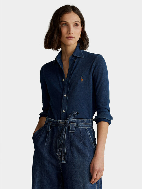 Blue cotton shirt with embroidered logo - 1