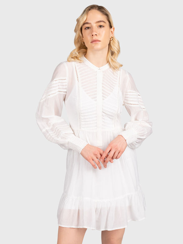 buy white dress Illia Three-Quarter Balloon Sleeve Frill Bodice Dress White