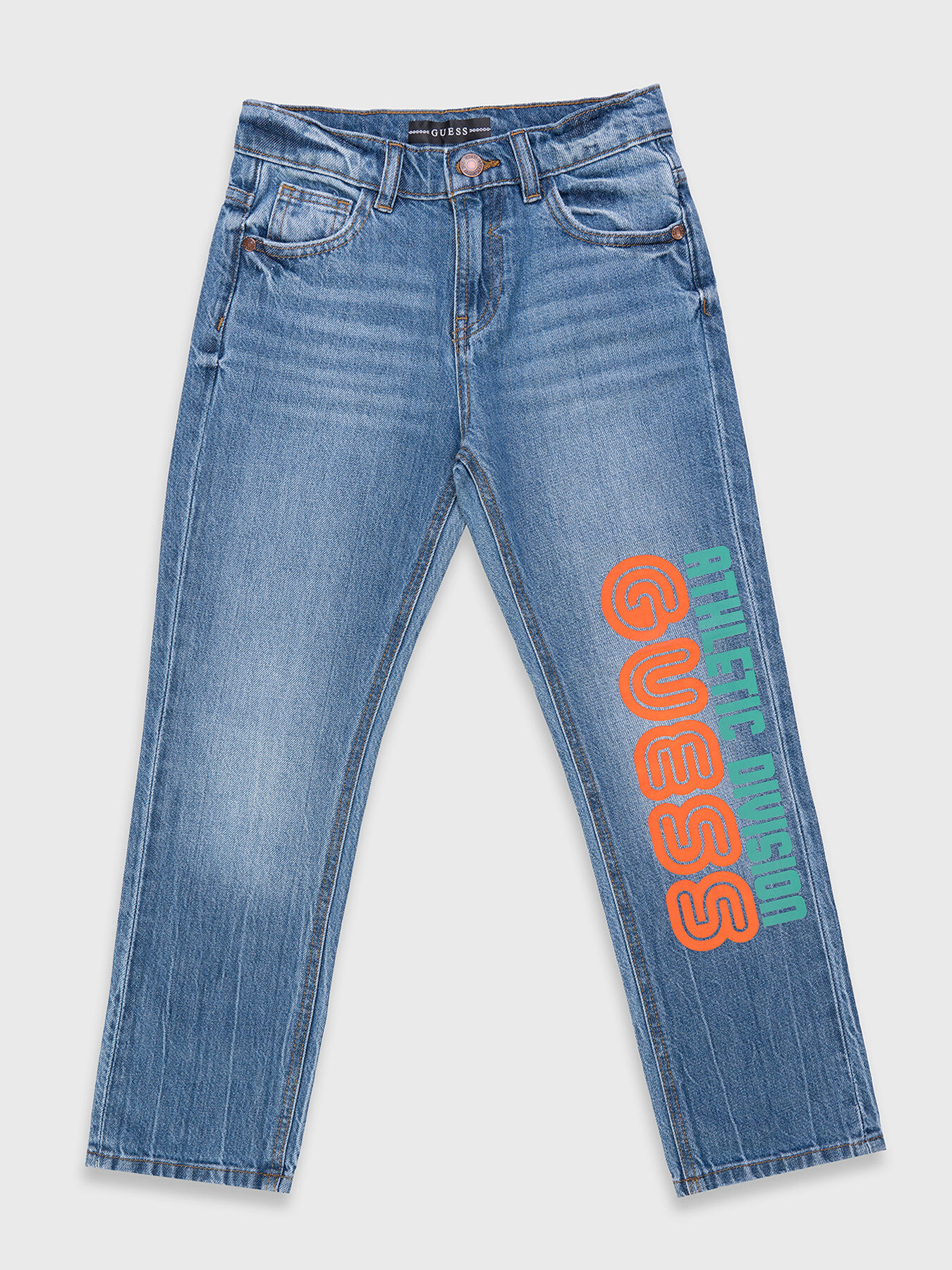 Contrast logo print jeans brand GUESS Globalbrandsstore en