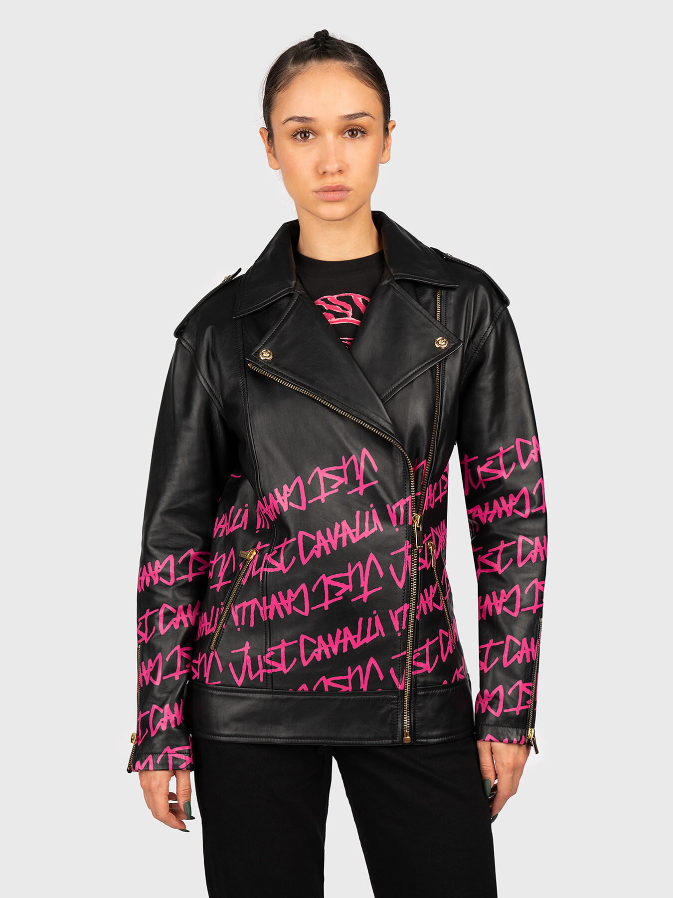 Logo print leather jacket brand Just Cavalli Globalbrandsstore en