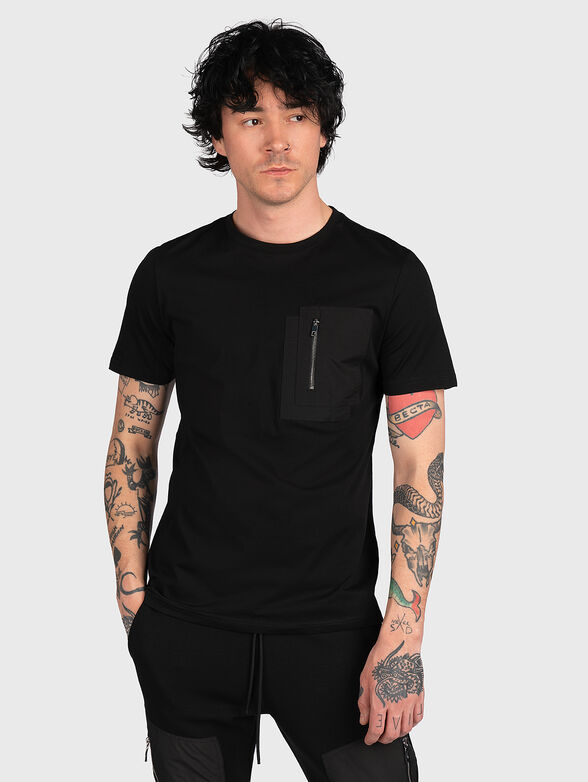 Black cotton T-shirt with pocket - 1